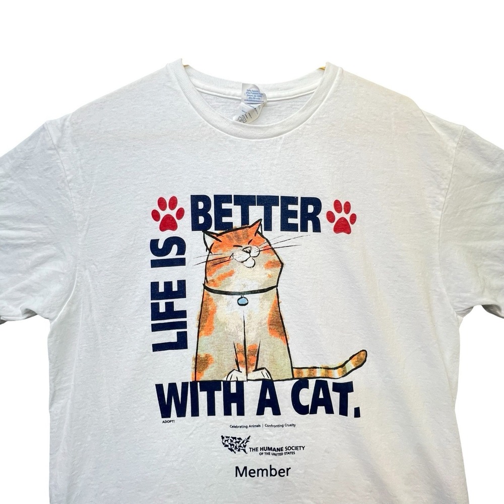 Vintage Cat Graphic T Shirt Humane Society Adult Large Delta Y2K White